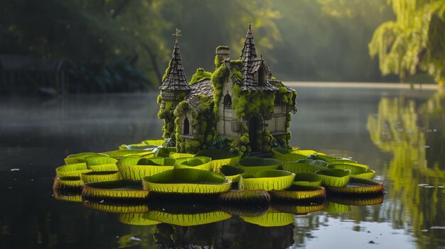 A fairy villa perched on floating lily pads Generative Ai