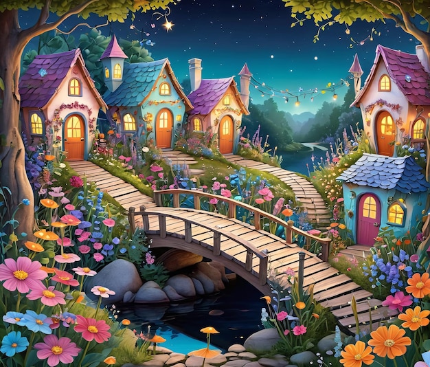 a fairy village with a bridge and flowers