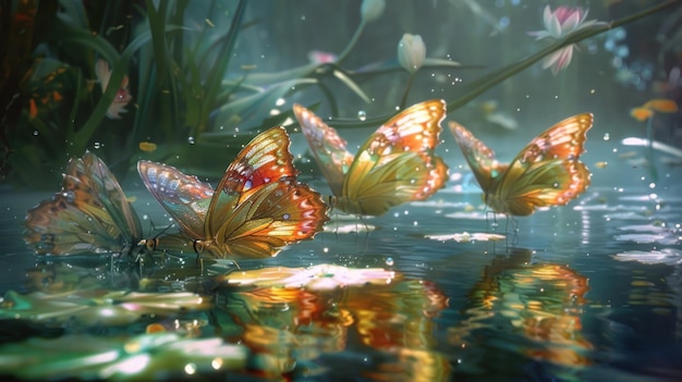 Foto fairy vlinders vliegen over het water