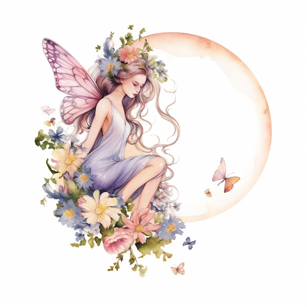 A fairy with a butterfly on her back sits on a flower bed.