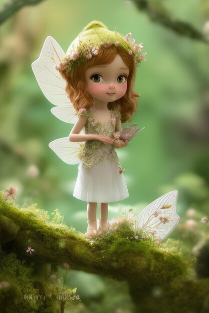 A fairy with a butterfly wings stands on a mossy branch