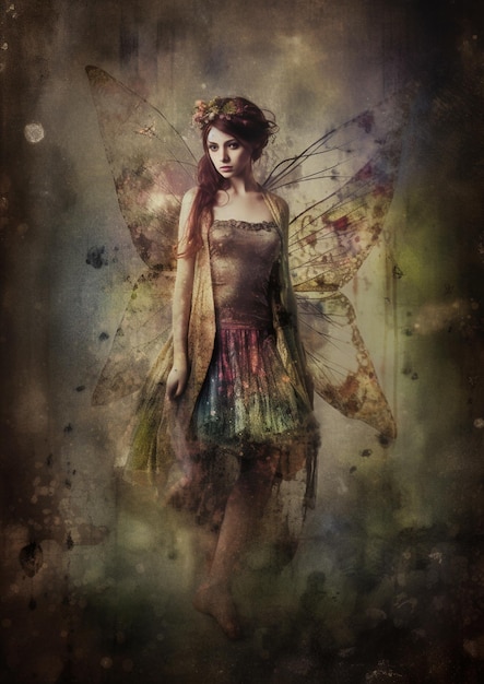 A fairy with a colorful dress and a flower on her wings.
