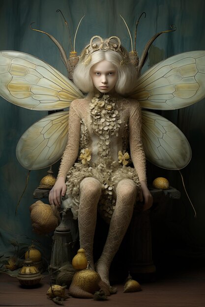 a fairy with a crown on her head sits on a chair