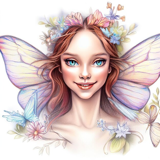 Foto una fata con una corona di fiori e farfalle in testa