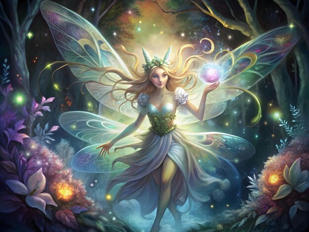 a fairy with a green dress and a butterfly on the left