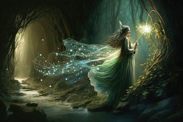 Fairy with her wispy dress and magical staff exploring enchanting elven forest