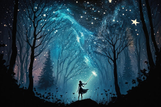 Fairy with magic wand and starry sky in elfin forest