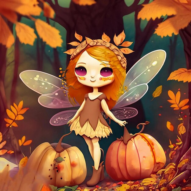 A fairy with a pumpkin and a pumpkin in the background.