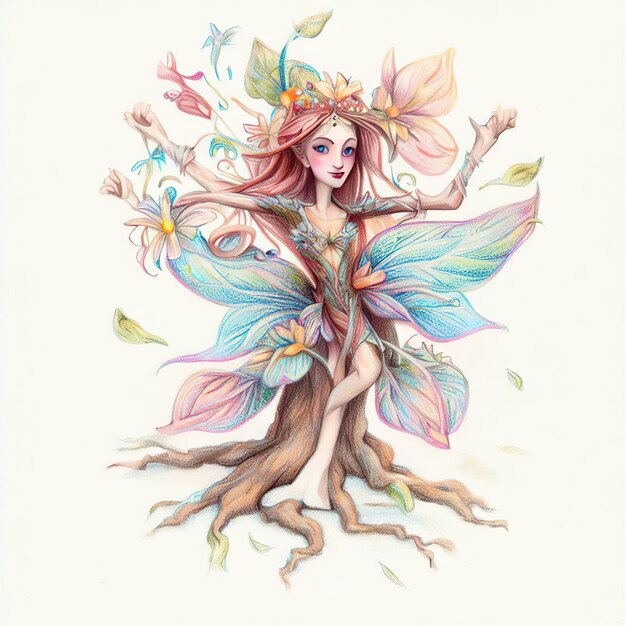 A fairy with a tree trunk and leaves on it