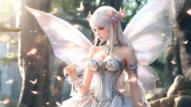 A fairy with white hair and wings