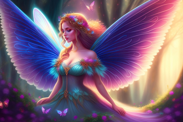 Фея с крыльями в волшебном лесу Цифровое произведение искусства