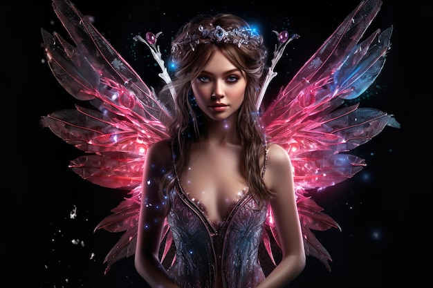 黒い背景に翼と翼を持つ妖精がいます。