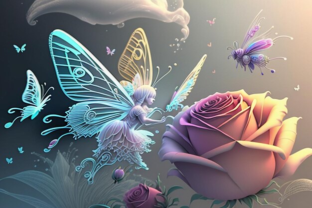 A fairy with wings and wings is surrounded by roses.