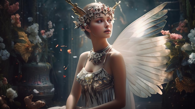 A fairy with wings and wings sits in a forest.