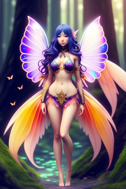 翼と翼を持つ妖精が森の中に立っています。