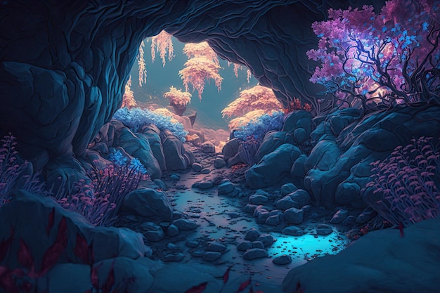 Фото Сказочный пейзаж в прекрасном ультрафиолетовом лесу, как в сказочной сцене
