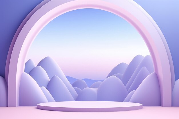 Fairyland showcase whimsical cartoon scene with arch podium and vibrant mountain landscape perfec