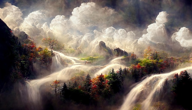 Fairytale autumn nature waterfall in the mountains clouds Fantasy landscape illustration
