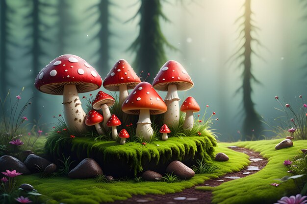 Fairytale background red fly mushrooms green stump with moss light natural background AI platform