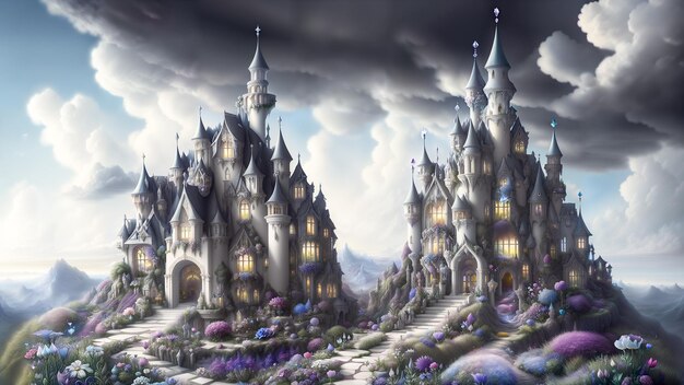 Fairytale black castle in the clouds