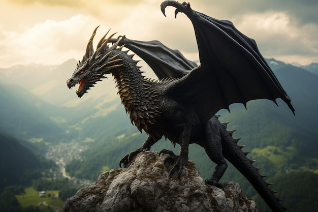 Fairytale black dragon on cliff in mountains