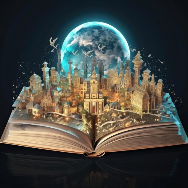 Photo fairytale in book magic opened the book fantasy nature or learning concept