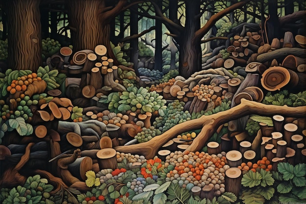 Fairytale boslandschap met bomen hout en paddenstoelen Digitale schilderkunst