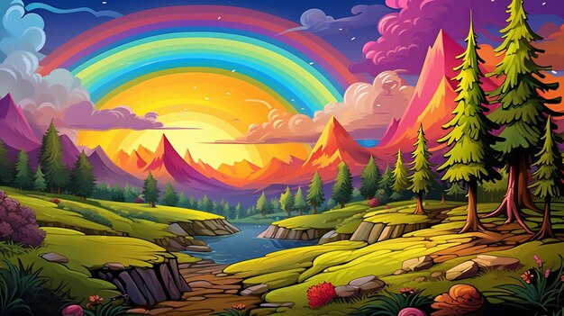 Foto fairytale cartoon landschap met een regenboog heldere dag in de natuur