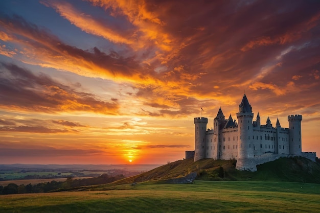 Fairytale castle against colorful sunset sky