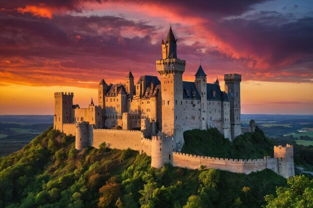 Fairytale castle against colorful sunset sky