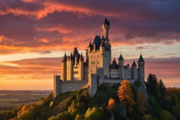 Fairytale castle against colorful sunset sky