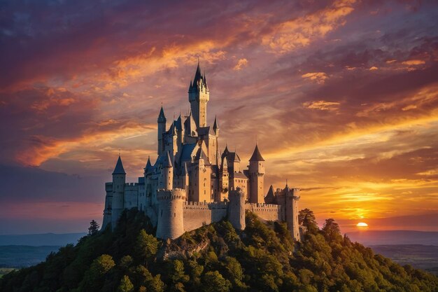 Fairytale castle against colorful sunset sky