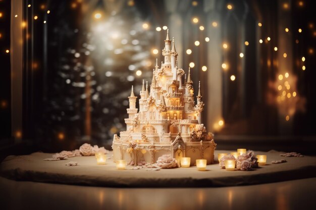 Fairytale Castle Cake With Turrets And Fairy Lights Wedding Cake On A Table In A Decorated Room