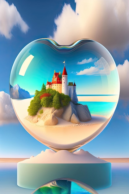 Fairytale castle in a clear glass heart on white sand beach sky and seascape Digital artwork