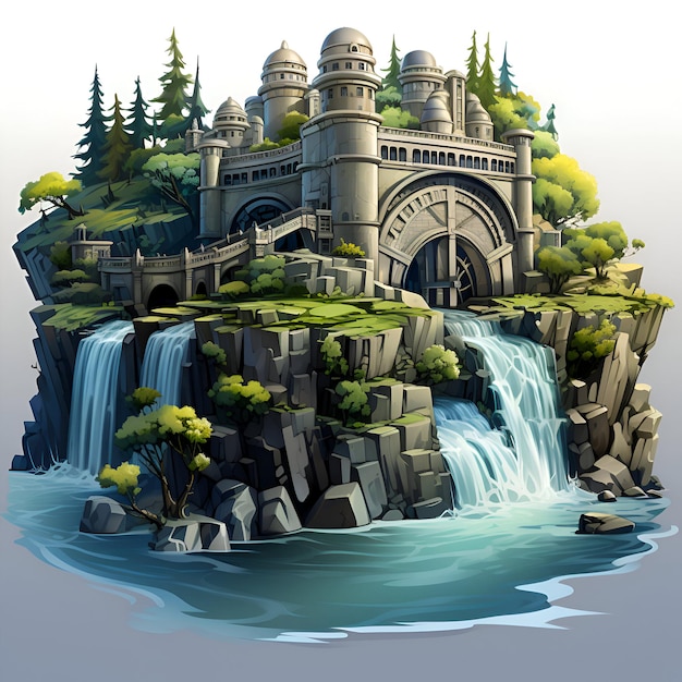 Photo fairytale castle in the forest and waterfall vector illustration