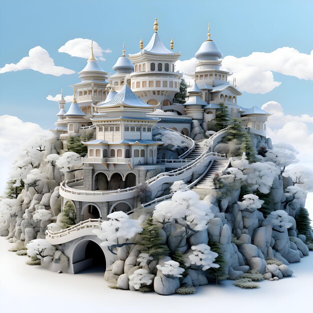 Foto castello di favole su una collina coperta di neve 3d render