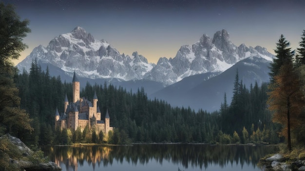 Fairytale castle in the middle of the mountains on the lake around the forest