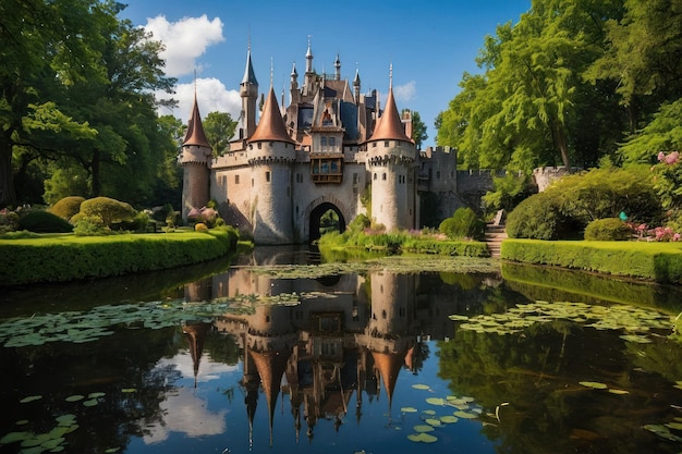 Fairytale castle reflection on a tranquil lake