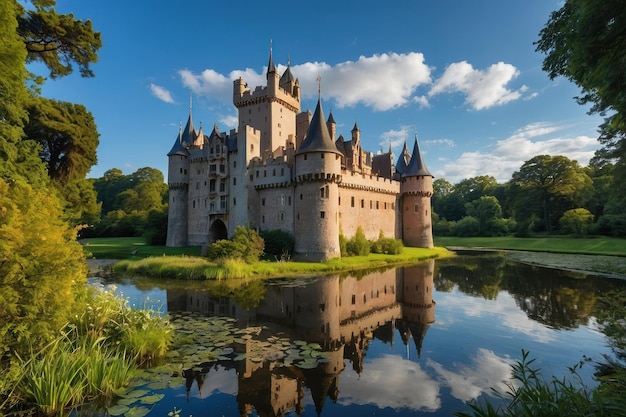 Fairytale castle reflection on a tranquil lake