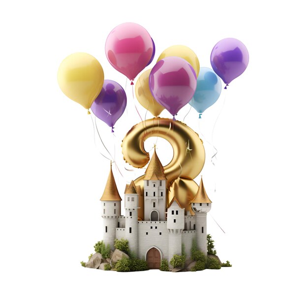 Fairytale castle with balloons on white background 3d illustration