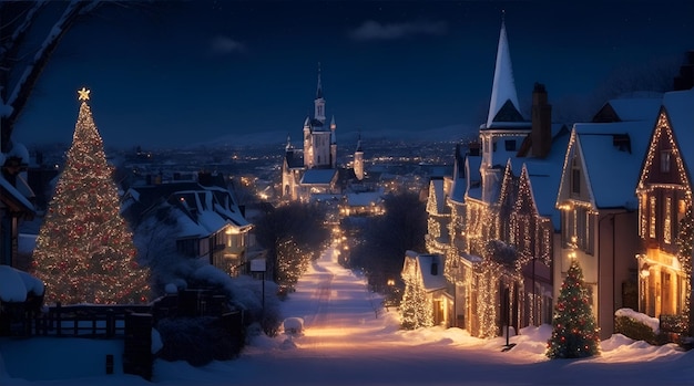 Сказковая рождественская ночь в старом европейском городе с рождественской елкой и огнями.