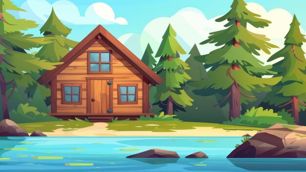 Fairytale cottage with a door and windows standing in a forest on the shore of a lake Cartoon summer landscape with a little shack or hut made of wood for country recreation or camping