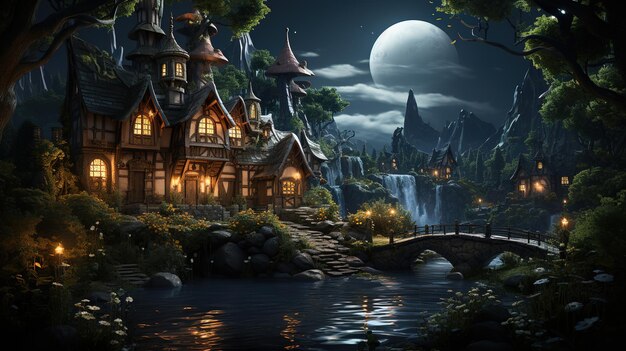 森の中のおとぎ話の可愛い家 暖かい夜 ライトのついたファンタジースタイルの街