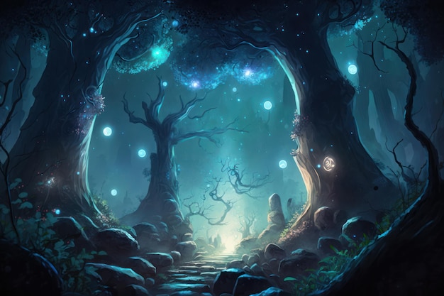 Photo fairytale enchanted forest illuminated by bioluminescence big trees moon and beautiful vegetation digital painting