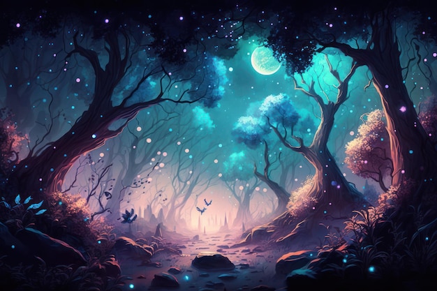 生物発光に照らされたおとぎ話のような魅惑の森 大きな木々 月と美しい植生 デジタルペインティング
