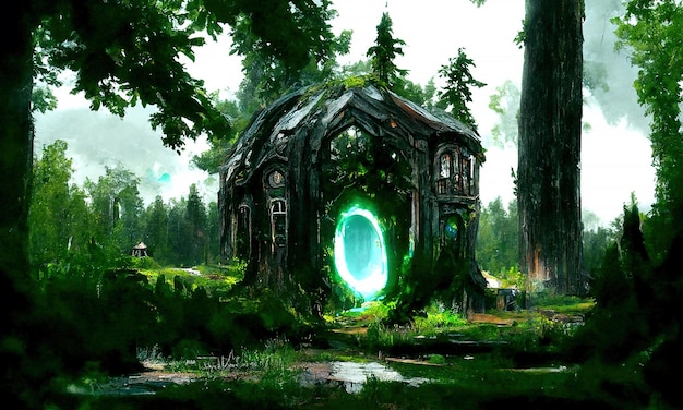 Fairytale fantasy house wizard in the forest a portal to other\
worlds glowing doors and windows of a creepy fairytale house in a\
dark forest fantastic illustration