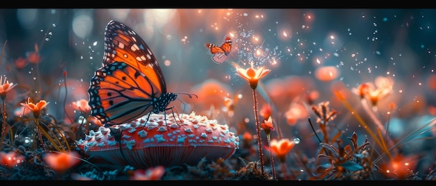 A fairytale floral fabulous background with a stunning enchanted fairytale picture of an elf woman and her hat sitting on a large mushroom opening her hand to release a butterfly