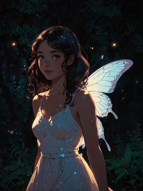 写真 童話の森 蝶に囲まれた女の子の奇妙なイラスト