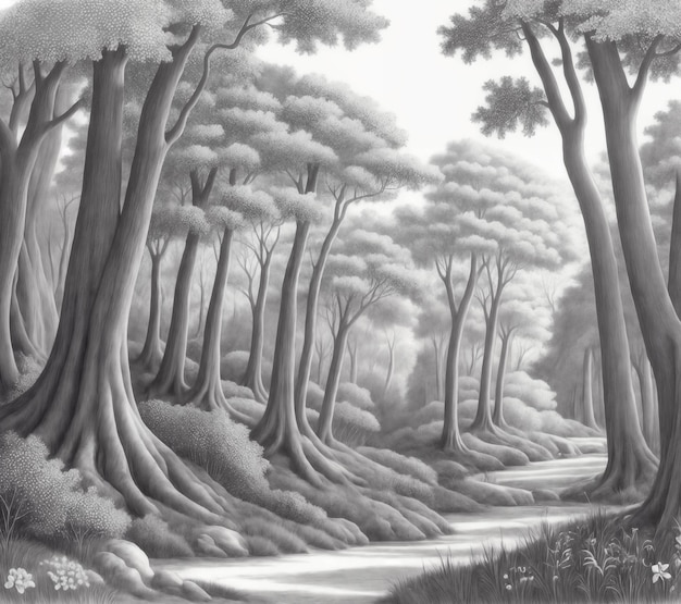 Photo fairytale forest black and white landscape ai generated illustration