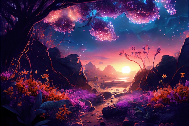 Foto foresta da favola di notte scenario di fantasia fiori viola e fiore generativo ai